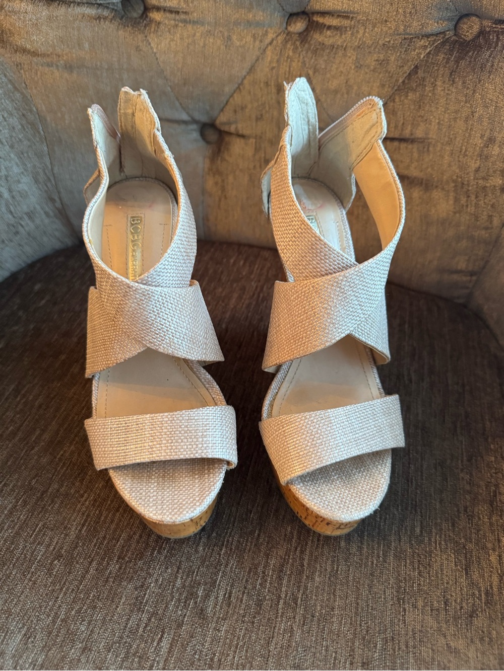 BCBG Beige Crisscross Wedge Sandals